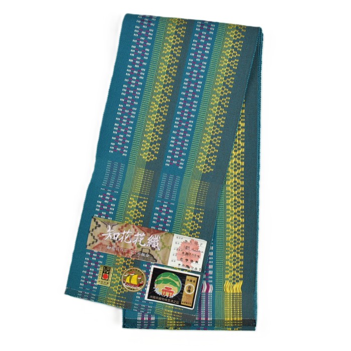 ミンサー織　青緑色 半幅帯 ミンサー織 青緑色 半幅帯 八重山ミンサー半幅帯 2本絣・深青緑｜